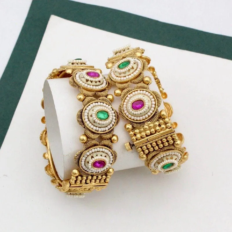 Classic Custom Wedding Bangles For Timeless Jewelry-Kavita Art Gold Plated Pota Stone Openable Bangles Set