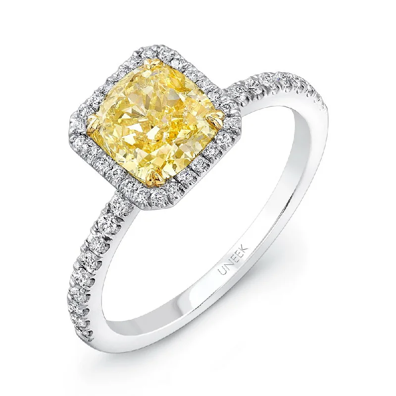 Trendy Gold Rings For Special Occasions-Uneek Natureal Collection Halo Cushion Cut Fancy Yellow Diamond Engagement Ring