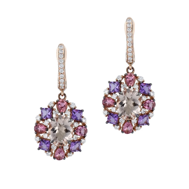 Vintage-Inspired Drop Earrings For Special Events-Amethyst Diamond Morganite Tourmaline Rose Gold Drop Earrings