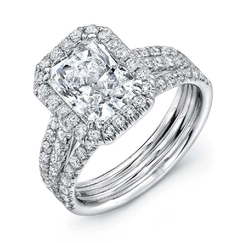 Classic Engagement Rings With Diamond Accents-Uneek Radiant Diamond Halo Engagement Ring with Pave Triple Shank