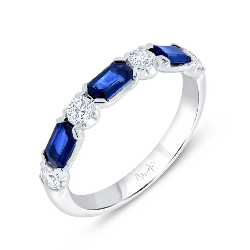 Personalized Gemstone Rings For Unique Brides-Uneek Precious Collection Straight Emerald Cut Blue Sapphire Anniversary Ring