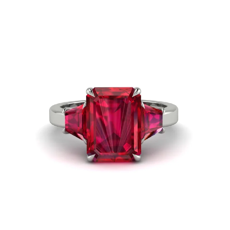 Elegant Gold Rings For Wedding Day Gifts-Ruby Emerald Cut Three Stone Ring With Custom Baguette - Yvette No. 57