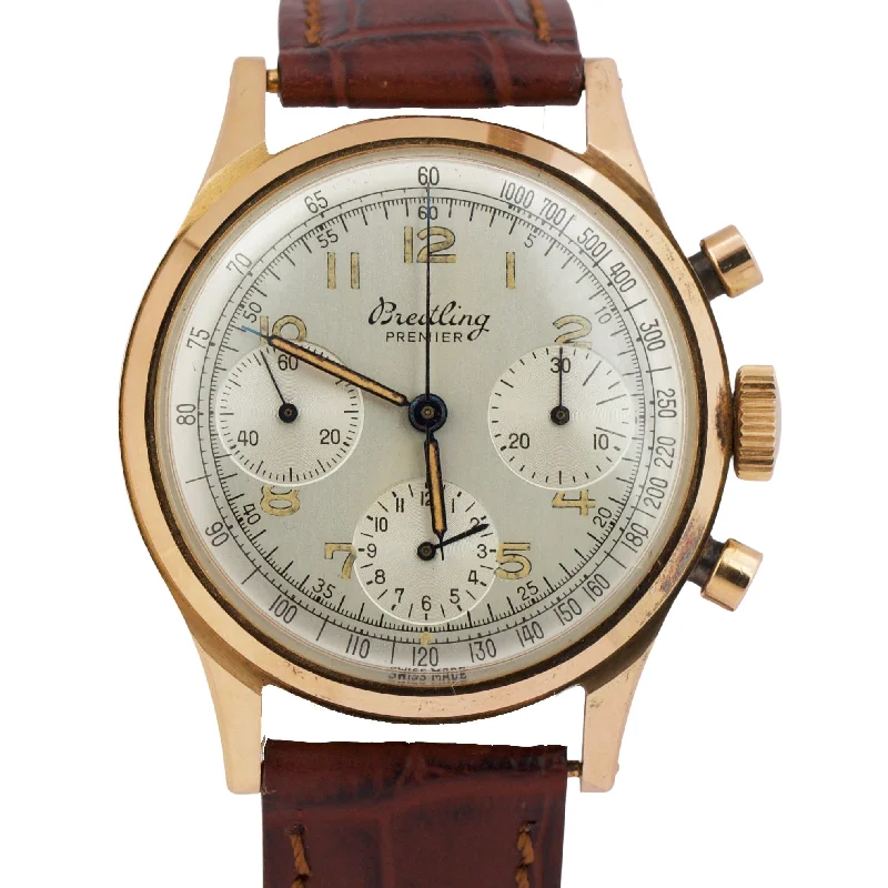 Designer Watches For Men-VINTAGE UNPOLISHED Breitling 788 Premier Chronograph 18K Rose Gold Leather 36mm