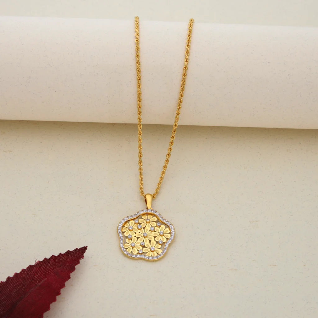 Classic Heart Pendant Necklace For Bridal Look-Gold Necklace (Chain with Dual Tone Gold Flower Pendant) 21KT - FKJNKL21K7552