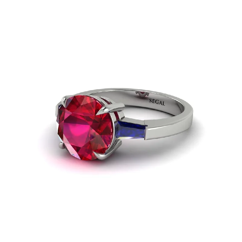 Custom Titanium Wedding Bands For Bridesmaids-3 Stone Round Cut Ruby With 2 Baguettes Engagement Ring - Gwendolyn No. 72