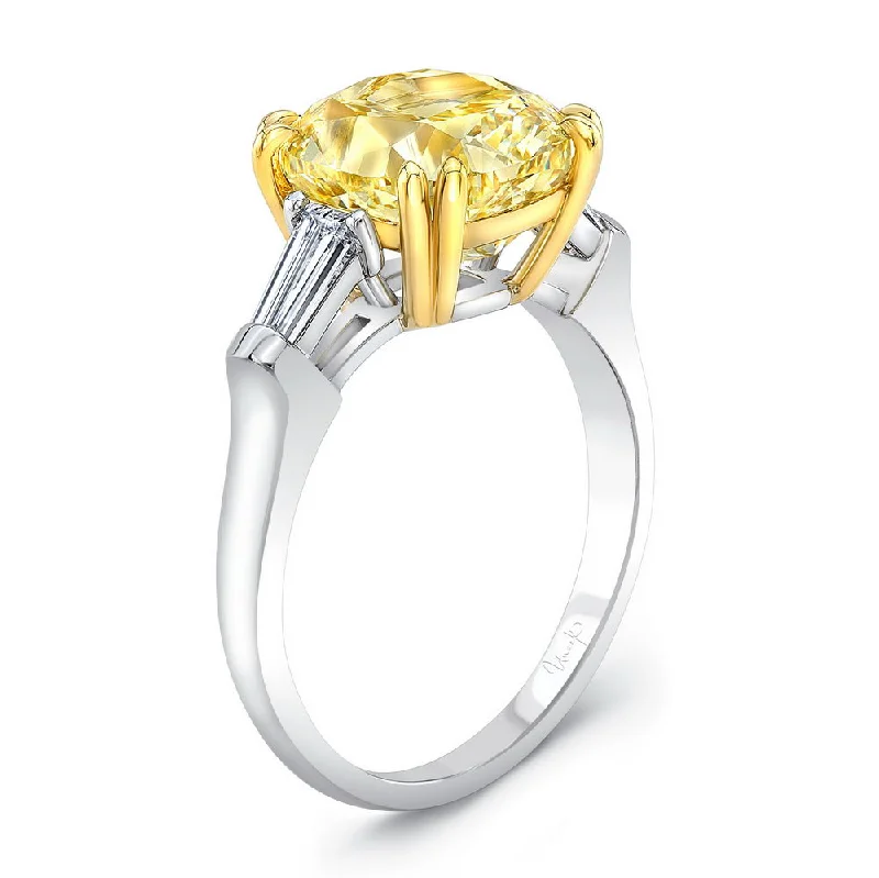 Classic Custom Engagement Rings For Brides-Uneek Natureal Collection Three-Stone Cushion Cut Fancy Yellow Diamond Engagement Ring