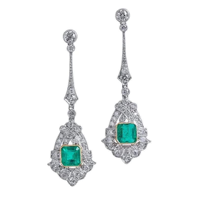 Elegant Hoop Earrings For Brides-Art Deco Emerald Pave Diamond Earrings