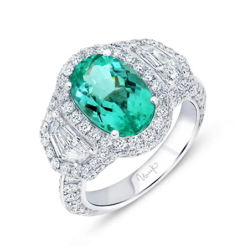 Sparkling Wedding Bands For Grooms-Uneek Precious Collection 3-Stone-Halo Oval Shaped Paraiba Engagement Ring