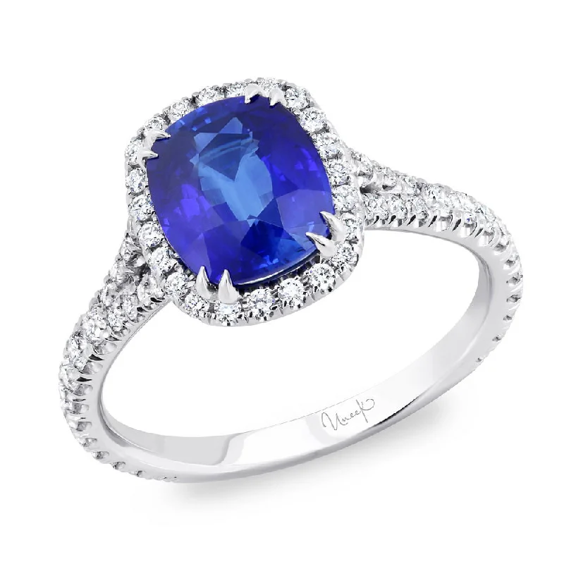 Sparkling Gemstone Engagement Rings For Bridesmaids-Uneek Cushion-Cut Sapphire Halo Engagement Ring