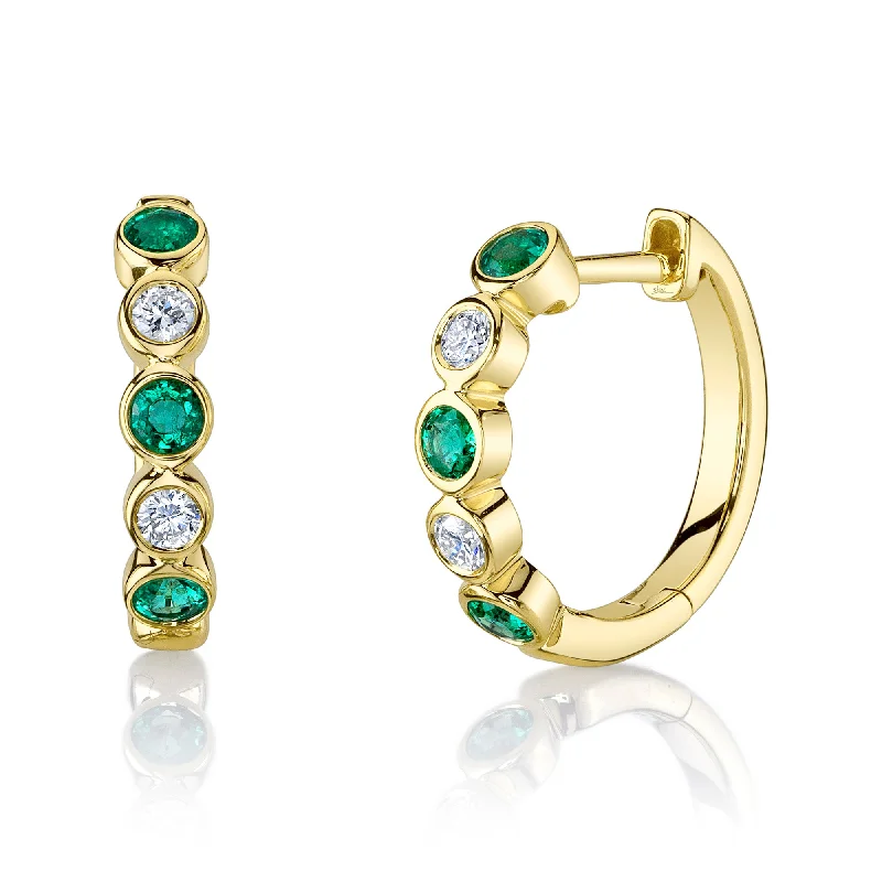 Simple Diamond Earrings For Daily Wear-14kt Yellow Gold Bezel Huggie Earrings / 0.16ct TW Diamond & 0.33ct Emerald TW