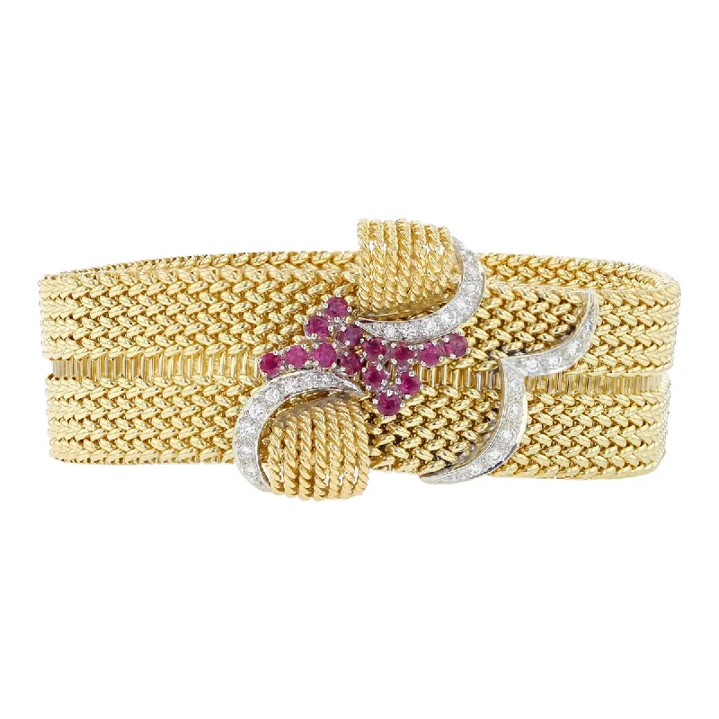 Elegant Bracelets For Mothers-Mid-Century Ruby and Diamond Basketweave Bracelet