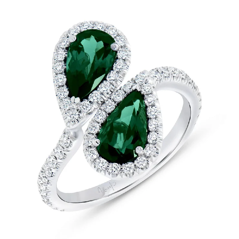 Elegant Wedding Rings With Colored Stones For Bridesmaids-Uneek Precious Collection Bypass Pear Shaped Green Tourmaline Engagement Ring