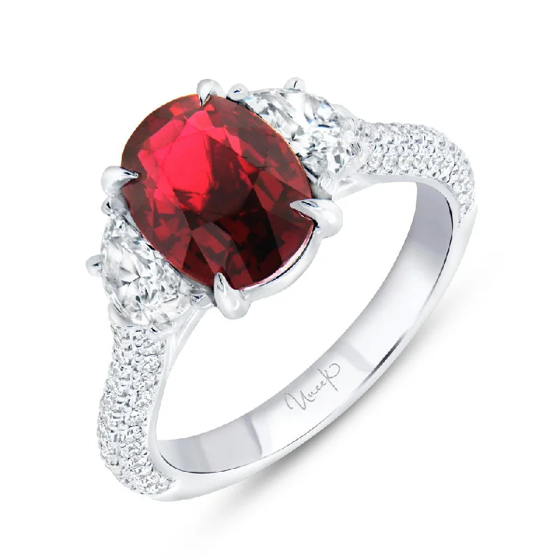 Sparkling Custom Rings For Special Occasions-Uneek Precious Collection 3-Sided Oval Shaped Ruby Engagement Ring