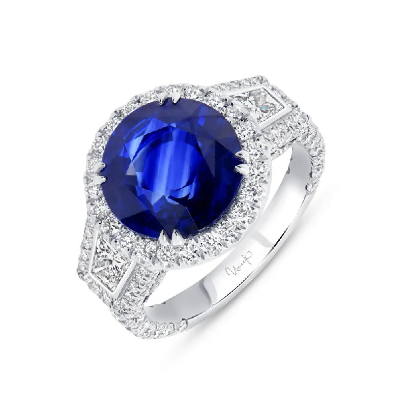 Simple Diamond Rings For Elegant Weddings-Uneek Precious Collection 3-Stone-Halo Round Blue Sapphire Fashion Ring