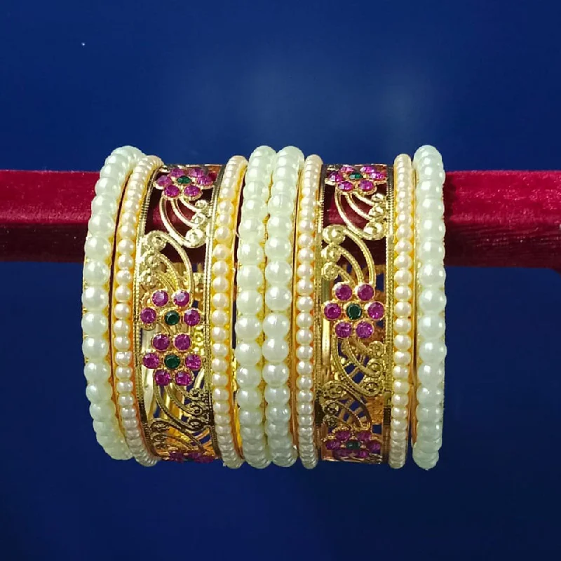 Simple Gold Wedding Bangles For Fashion Bridesmaids-Pooja Bangles Gold Plated Austrian Stone And Pearl  Bangles Set