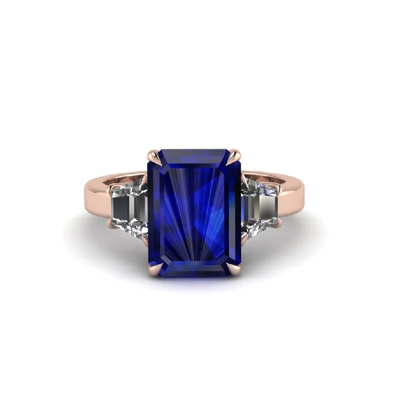 Unique Gemstone Engagement Rings For Bridesmaids-Sapphire Emerald Cut Three Stone Ring With Custom Baguette - Yvette No. 14