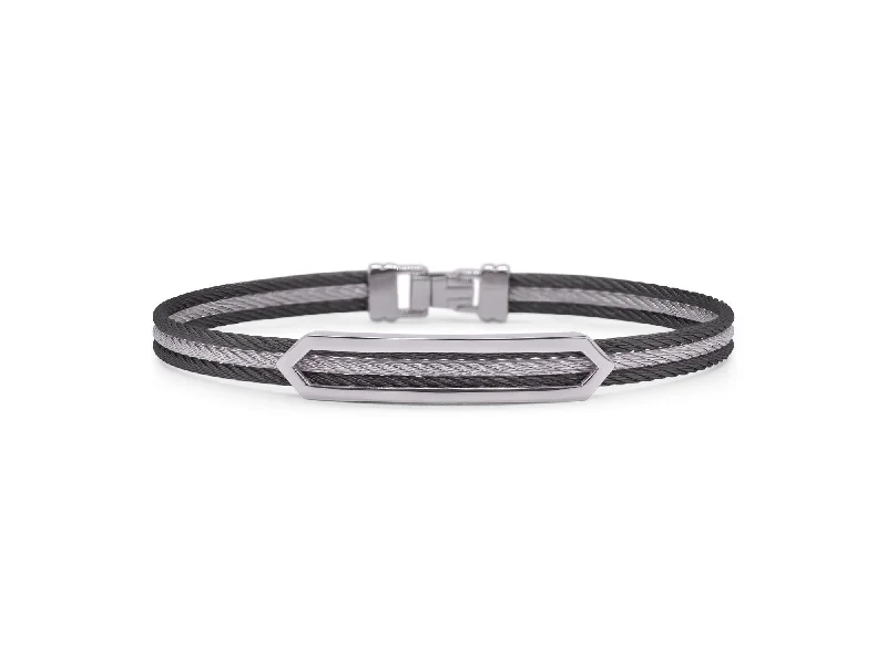 Minimalist Custom Name Bracelets-ALOR Men’s Black & Grey Cable Open Arrow ID Bracelet