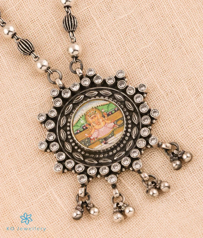 Simple Gemstone Pendant Necklace For Casual Style-The Shuban Silver Antique Handpainted Ganesha Necklace