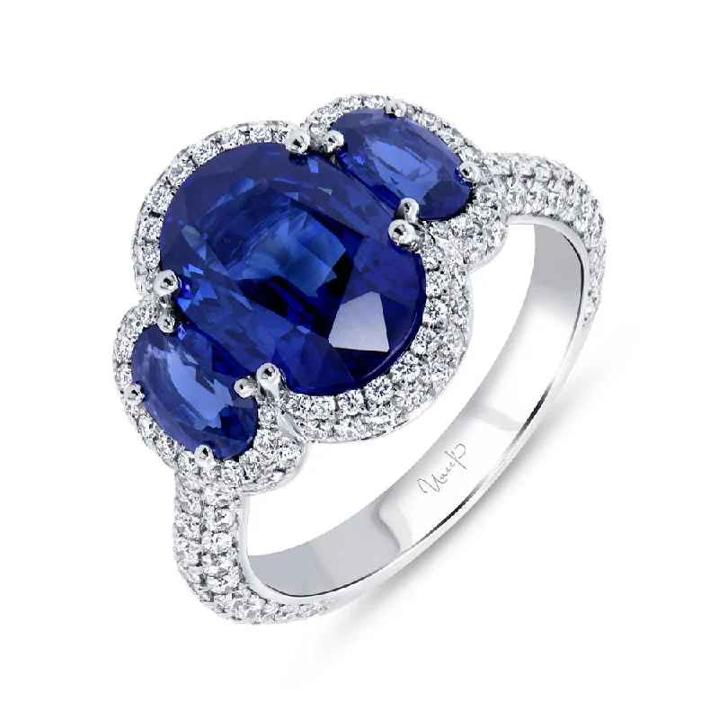 Unique Custom Engagement Rings For Bridesmaids-Uneek Precious Collection Three-Stone Oval Shaped Blue Sapphire Engagement Ring