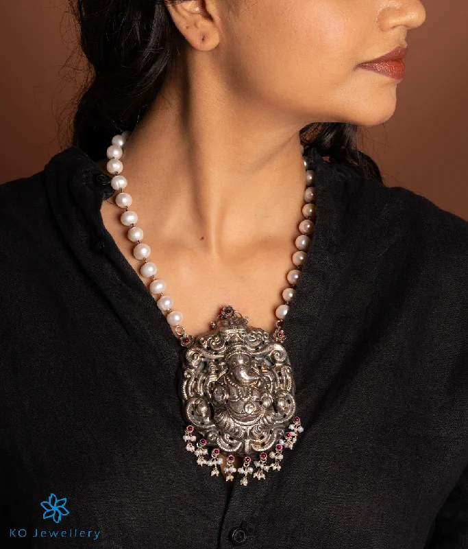 Personalized Family Necklace For Special Events-The Ganadevata Silver Ganesha Pearl Nakkasi Necklace