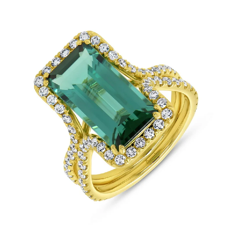 Simple Diamond Rings For Elegant Weddings-Uneek Precious Collection Split-Shank Emerald Cut Green Tourmaline Engagement Ring