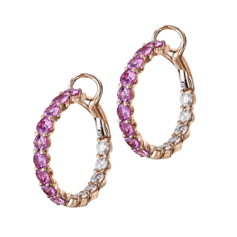 Elegant Earrings With Enamel Designs-Pink Sapphire Diamond Rose Gold In and Out Hoop Earrings