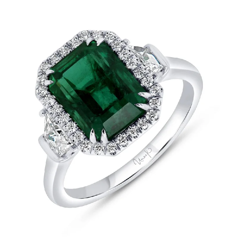 Elegant Wedding Rings For Minimalist Bridesmaids-Uneek Precious Collection 3-Stone-Halo Emerald Cut Emerald Engagement Ring