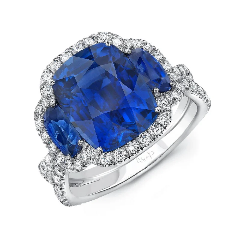 Classic Gold Engagement Rings For Brides-Uneek Precious Collection 3-Stone-Halo Cushion Cut Blue Sapphire Engagement Ring