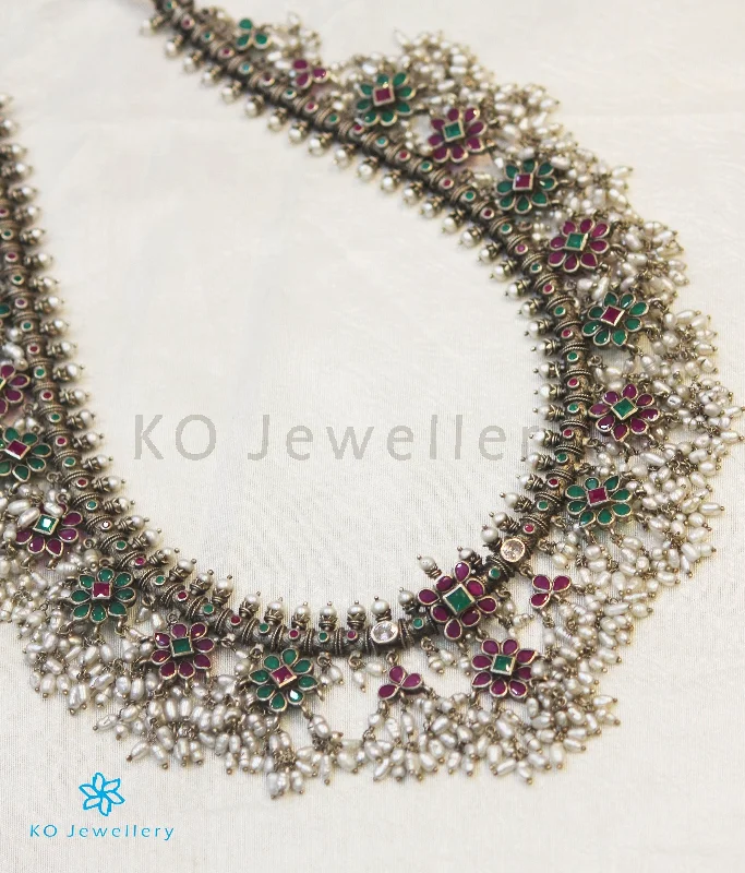 Handmade Name Necklace For Bridesmaids-The Maya Silver Guttapusalu Necklace (Oxidised/Red&Green)