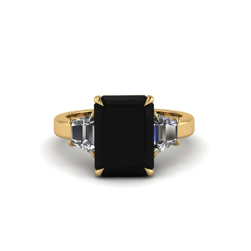 Custom Engagement Rings With Diamonds For Brides-Black Diamond Emerald Cut Three Stone Ring With Custom Baguette - Yvette No. 7