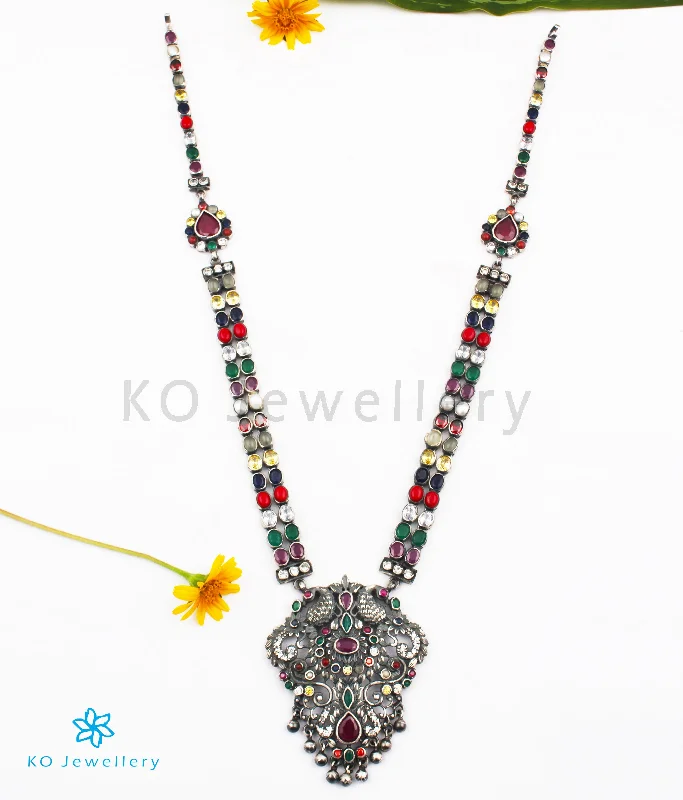 Custom Nameplate Necklace For Family Gifts-The Madhurya Silver Navaratna Peacock Necklace (Oxidised)