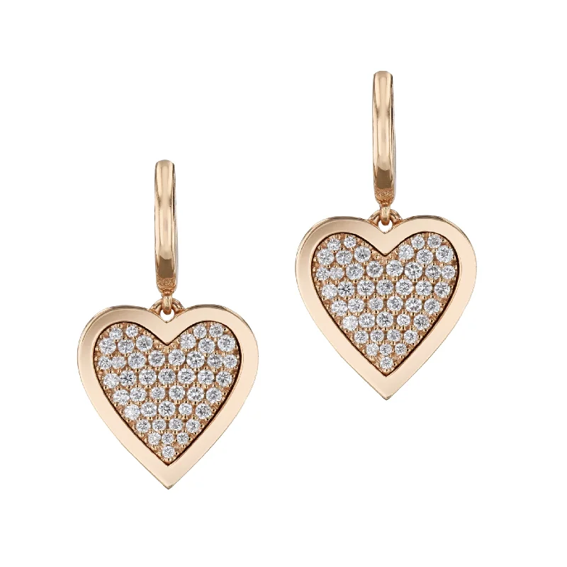 Elegant Earrings For Wedding Guests-Pave Diamond Heart Rose Gold Hoop Earrings