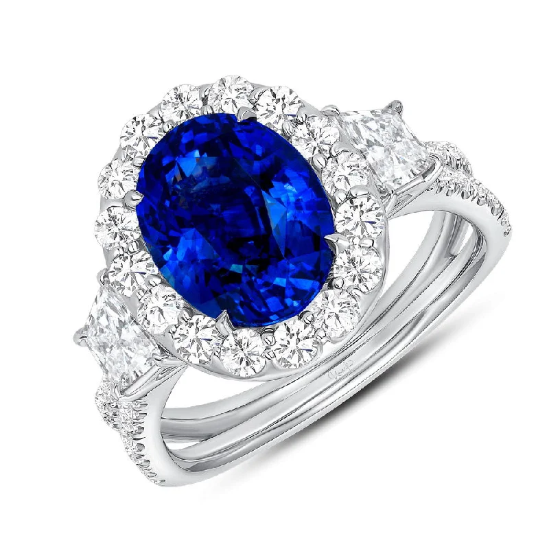 Elegant Wedding Rings With Colored Stones For Bridesmaids-Uneek Oval Blue Sapphire Ring with Round Diamond Halo and Trapezoid Diamond Sidestones