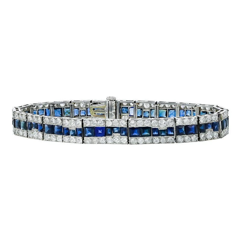 Luxury Bracelets For Bridesmaids-Platinum Diamond and Sapphire 7-Inch Bracelet