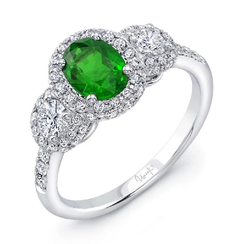 Trendy Rose Gold Engagement Rings For Brides-Uneek Precious Collection 3-Stone-Halo Oval Shaped Emerald Engagement Ring