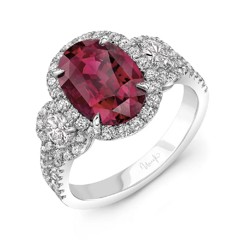 Simple Custom Engagement Rings For Bridesmaids-Uneek Precious Collection 3-Stone-Halo Oval Shaped Ruby Engagement Ring