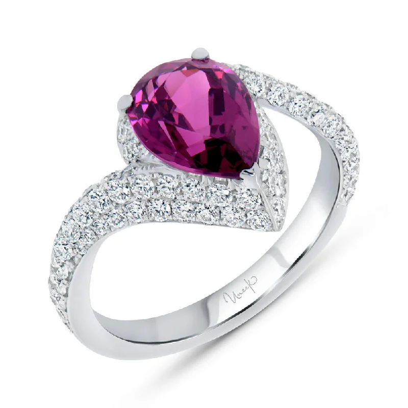 Custom Stacking Wedding Rings For Bridesmaids-Uneek Precious Collection Bypass Pear Shaped Rhodolite Engagement Ring