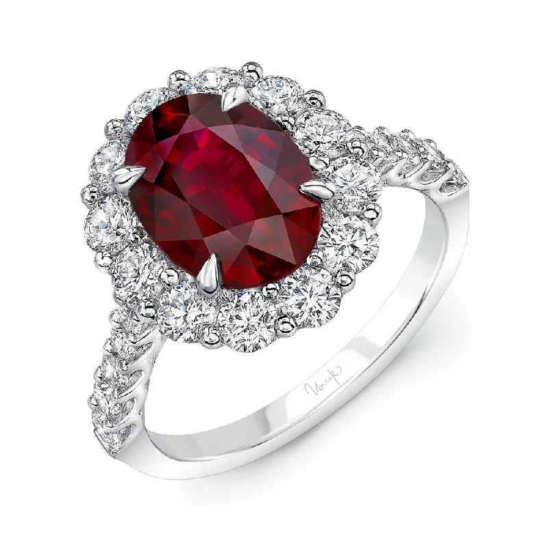 Sparkling Wedding Bands For Grooms-Uneek Precious Collection Halo Oval Shaped Ruby Engagement Ring