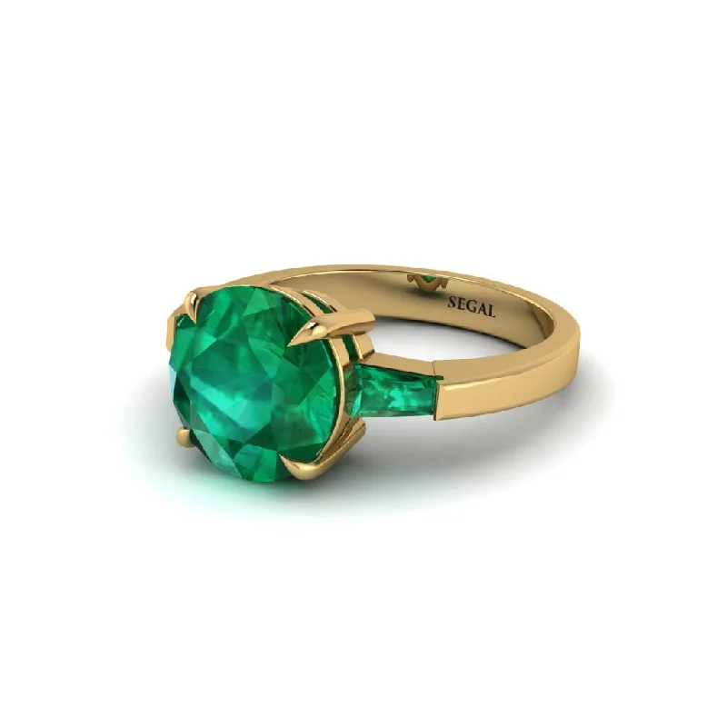 Unique Custom Engagement Rings For Bridesmaids-3 Stone Round Cut Emerald With 2 Baguettes Engagement Ring - Gwendolyn No. 19