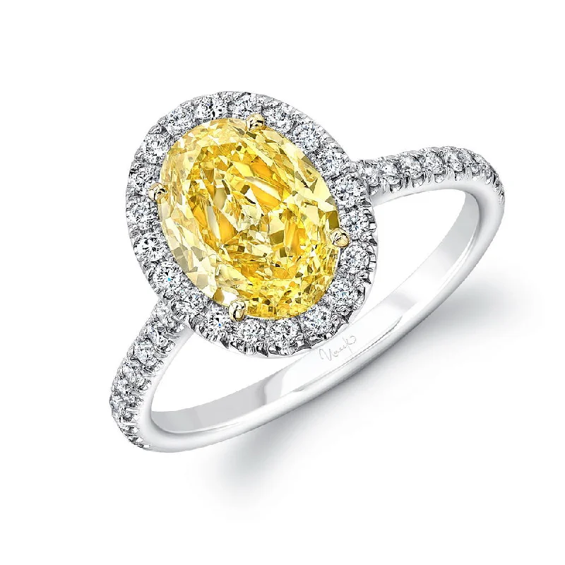 Classic Engagement Rings With Sapphire Details-Uneek Oval Fancy Yellow Diamond Halo Ring