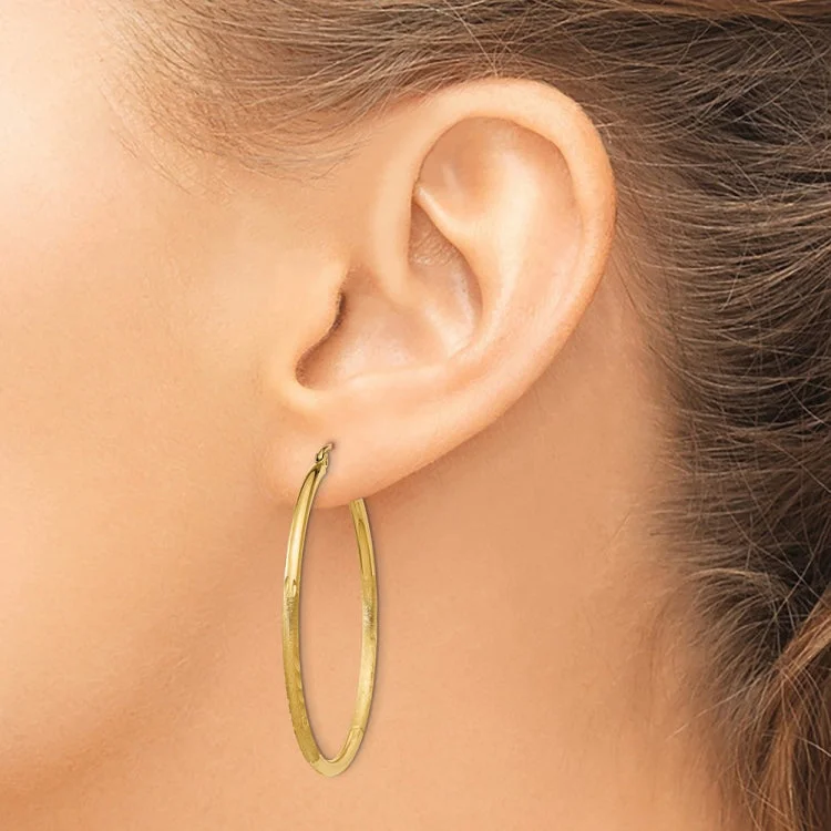 Unique Hoop Earrings For Casual Wear-14k Satin and Diamond-cut 2mm Round Tube Hoop Earrings