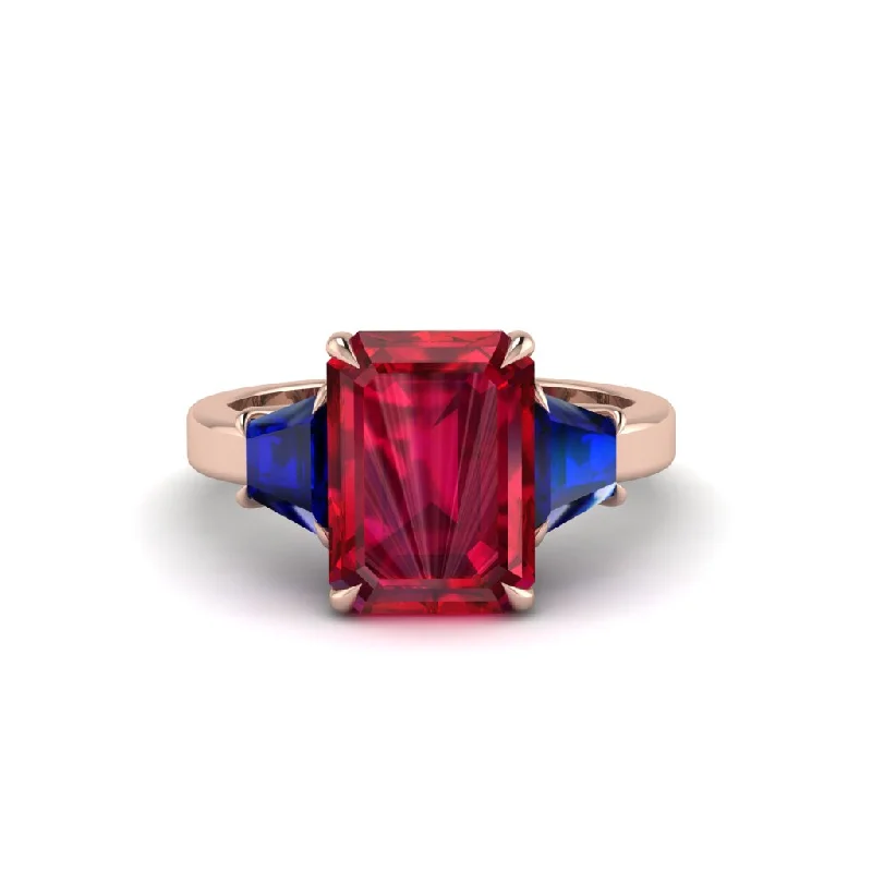 Elegant Wedding Bands For Custom Style-Ruby Emerald Cut Three Stone Ring With Custom Baguette - Yvette No. 71