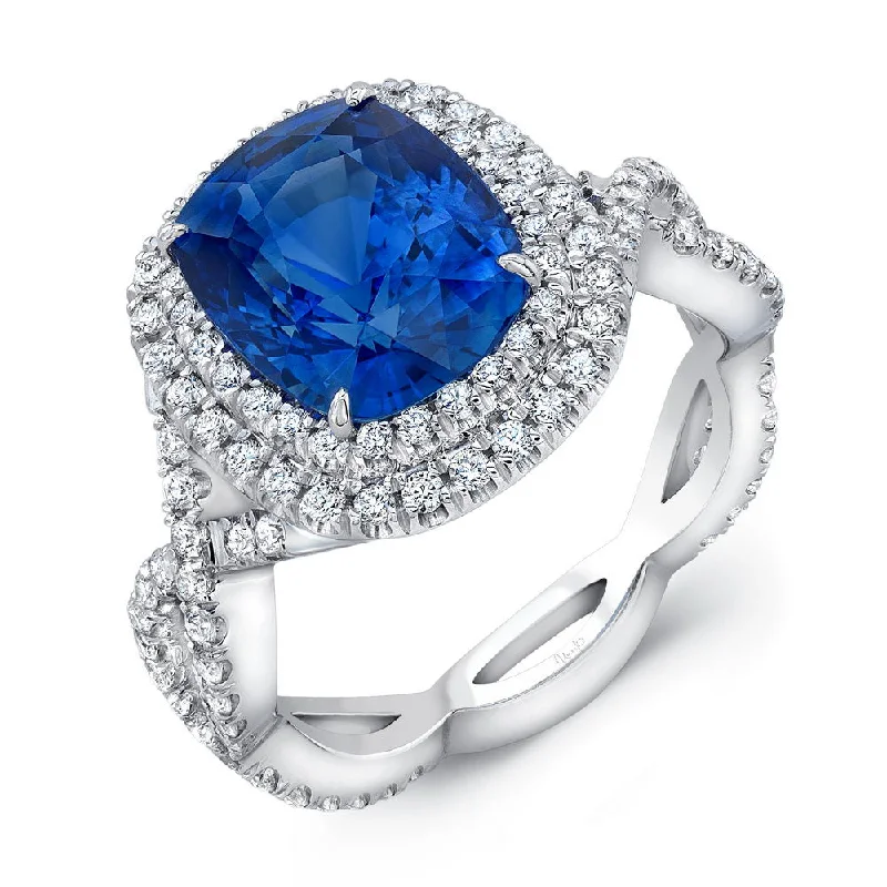 Sparkling Custom Rings For Special Occasions-Uneek 5-Carat Cushion-Cut Sapphire Engagement Ring with Dreamy Double Halo and Elegant Crisscross Shank