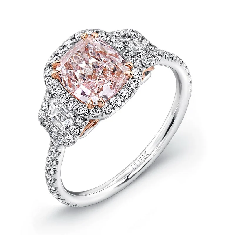 Luxury Wedding Rings With Custom Engravings-Uneek Cushion-Cut Fancy Light Pink-Center Three-Stone Engagement Ring with Filigree Accents