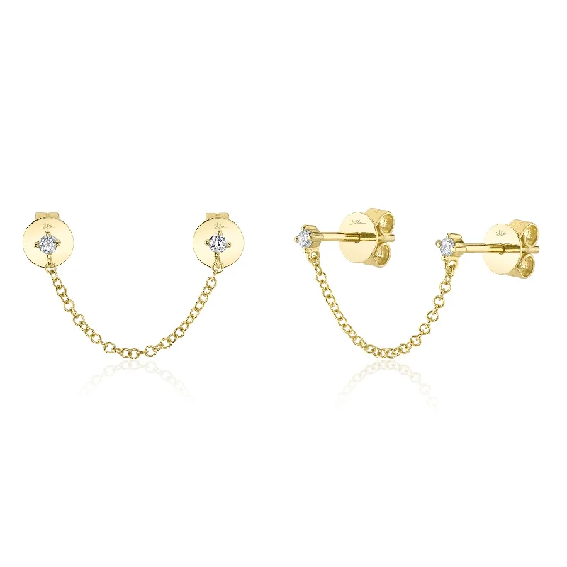 Trendy Earrings For Holiday Season-Yellow Gold Double Diamond Chain Stud Earrings