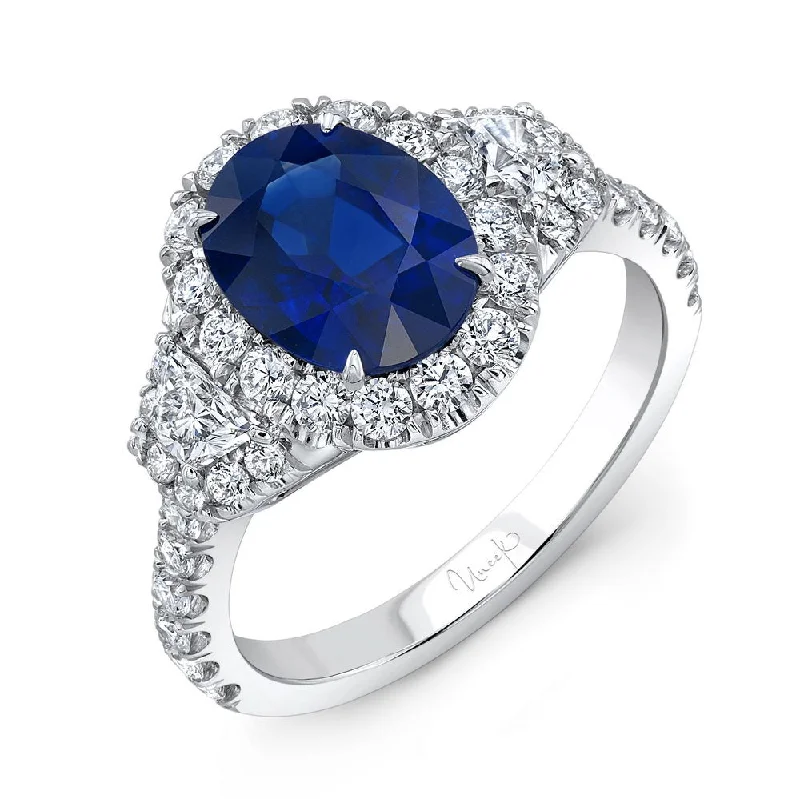 Simple Wedding Bands For Custom Style-Uneek Oval Sapphire-Centered Three-Stone Engagement Ring with Trapezoid Diamond Sidestones