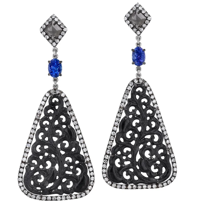 Custom Gold Earrings With Birthstones-Anthracite Hue Jadeite Slice Drop Earrings with Tanzanite Gems and Diamond Pave