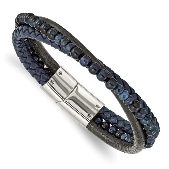 Luxury Bracelets With Initials-Chisel Stainless Steel Polished Multi Strand Blue Chalcedony and Tiger's Eye Beaded Black and Blue Leather 8.25 inch Bracelet