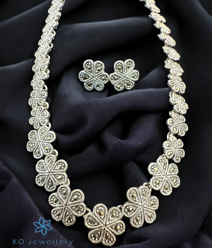 Handcrafted Crystal Necklace For Weddings-The Clora Floral Silver Marcasite Necklace & Earrings