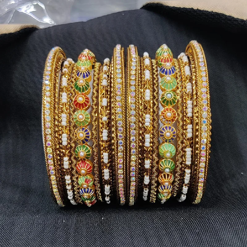 Sparkling Wedding Bangles For Bridesmaids With Diamonds-Pooja Bangles Gold Plated Austrian Stone And Pearl Bangles Set